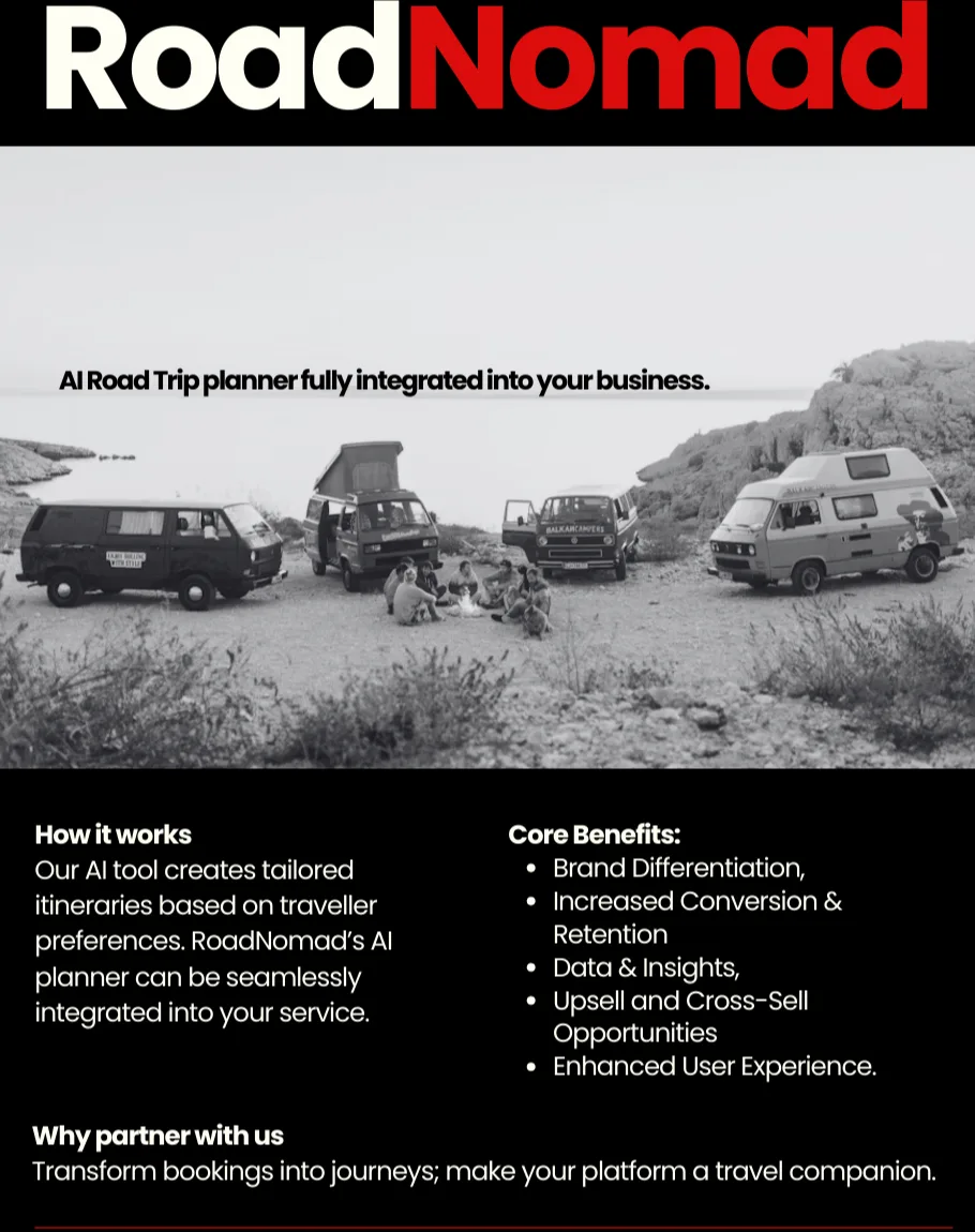 Road Nomad flyer: black with the red and white Road Nomad logo over a black and white photo of campervans around a fire