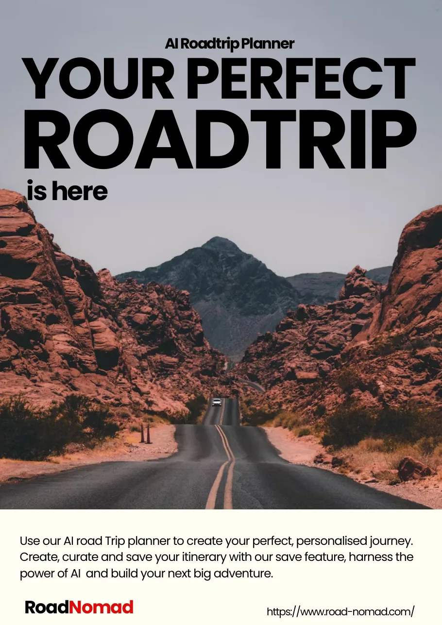 Poster reading Your perfect roadtrip is here, over a road through red rock canyons