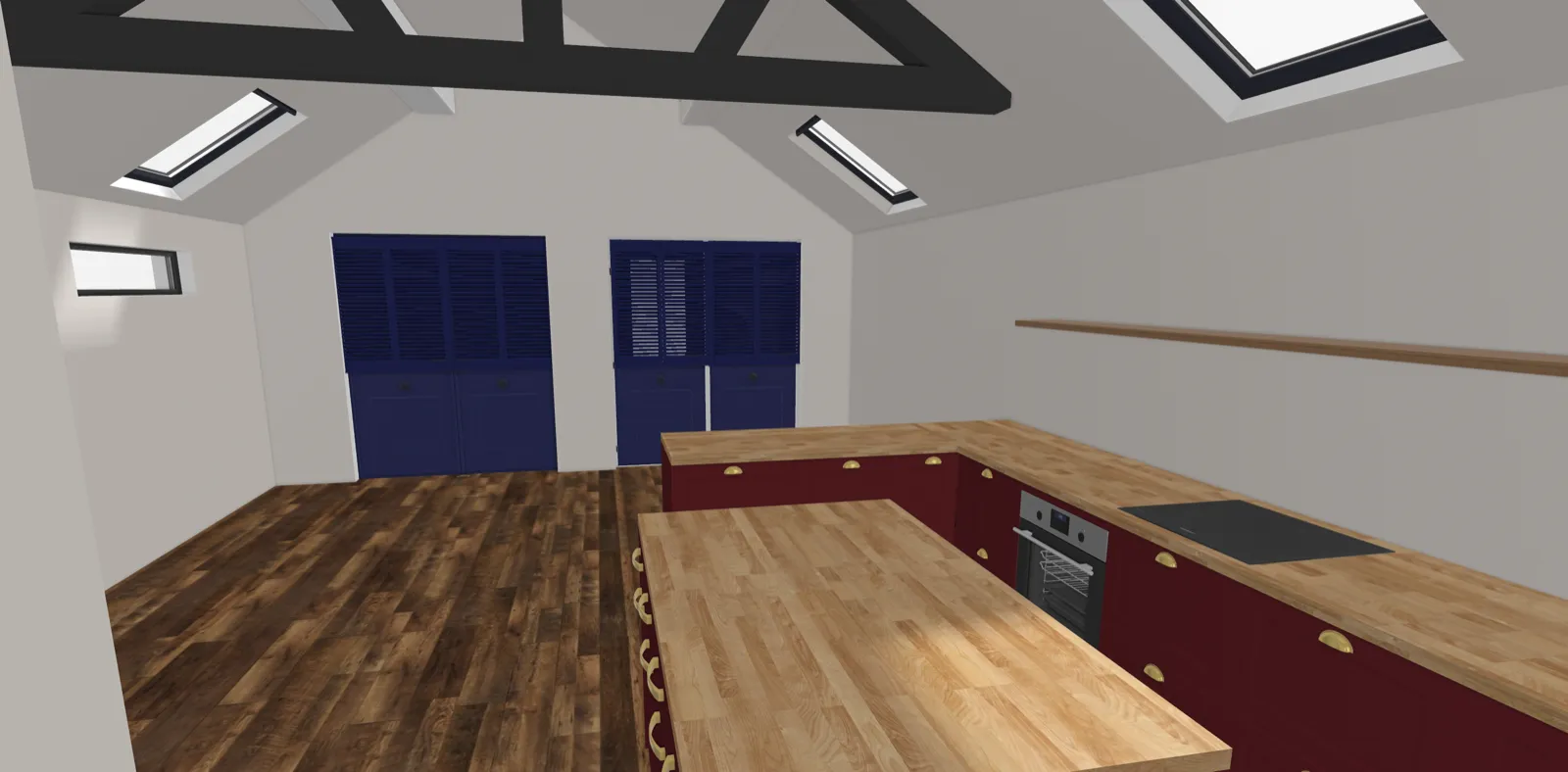 A 3D render of the main room with exposed black beams, skylights, red kitchen units, a wooden worktop and blue shutters